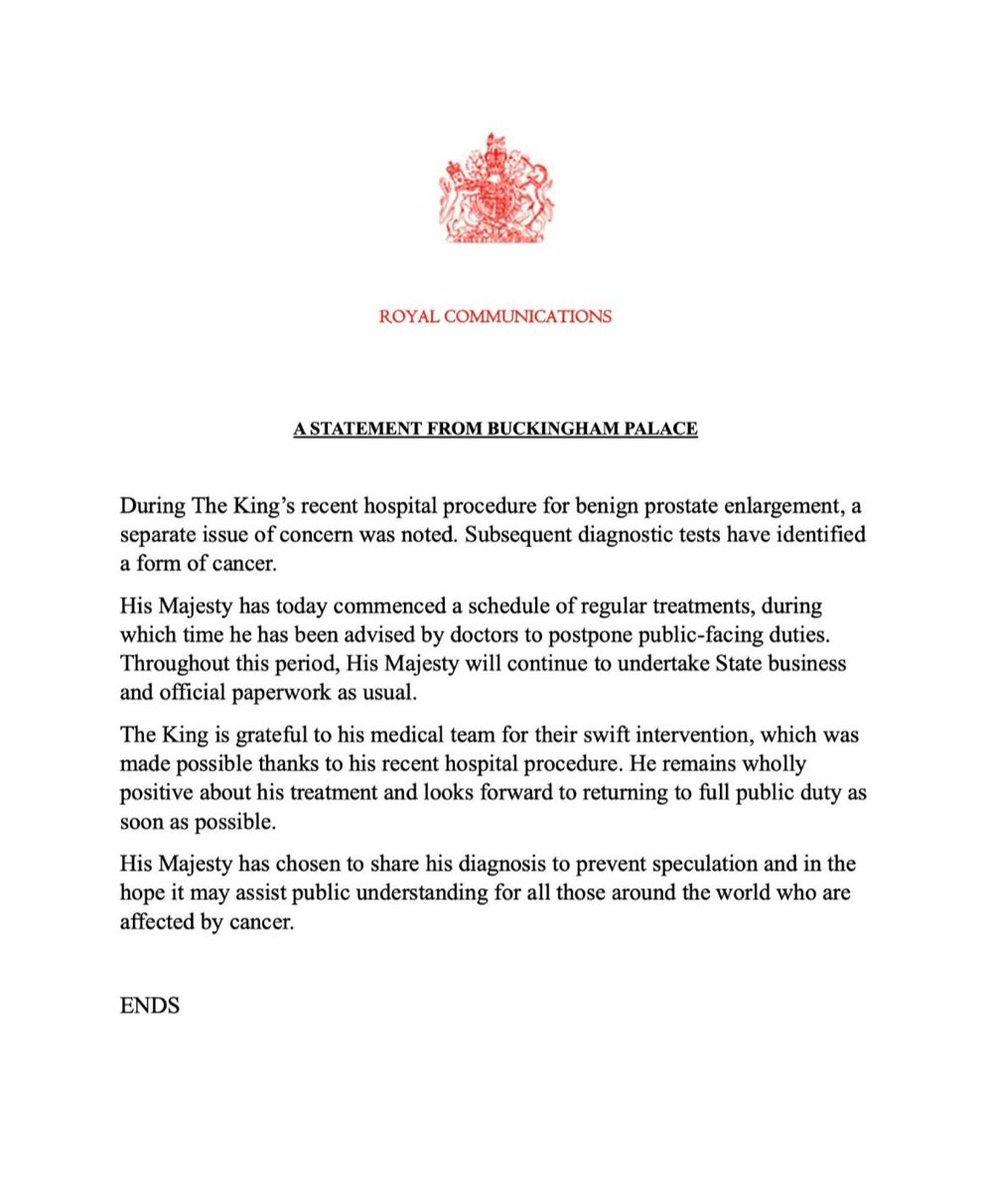 🇬🇧 URGENTE 🇬🇧

Declaración del Palacio de Buckingham: "Durante el reciente procedimiento hospitalario del Rey para un agrandamiento benigno de la próstata, se observó otro tema de preocupación. 

Las pruebas de diagnóstico posteriores han identificado una forma de cáncer.
Su
