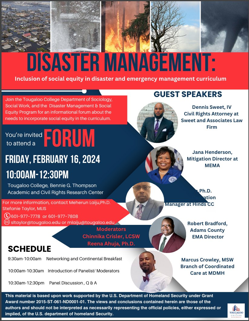 Our crew at @Tougaloo_1869 is teaming up with @MSEMA next Friday for a special coastal studies symposium! Don't miss the chance to hear talks from Mississippi's major emergency managers on disasters and demographics. It all starts at 10:00 AM on 16 February!