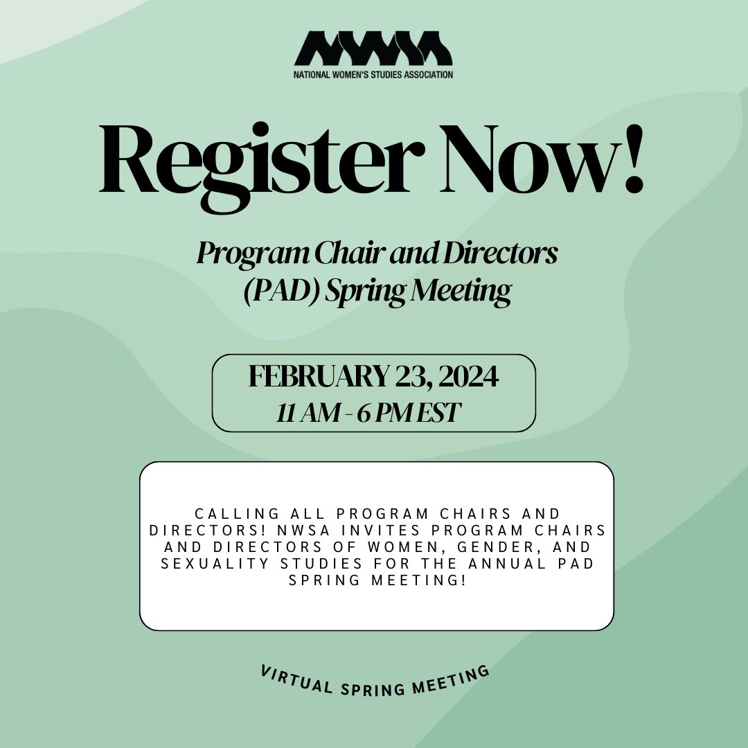 Registration for the 2024 Virtual Chair and Directors Meeting is now OPEN! We offer sliding scale fees in feminist solidarity that is informed by the challenges facing the field. You can register at the link in our bio! #NWSA2024 #PAD #PAD2024 #WGSS #genderstudies #womenstudies