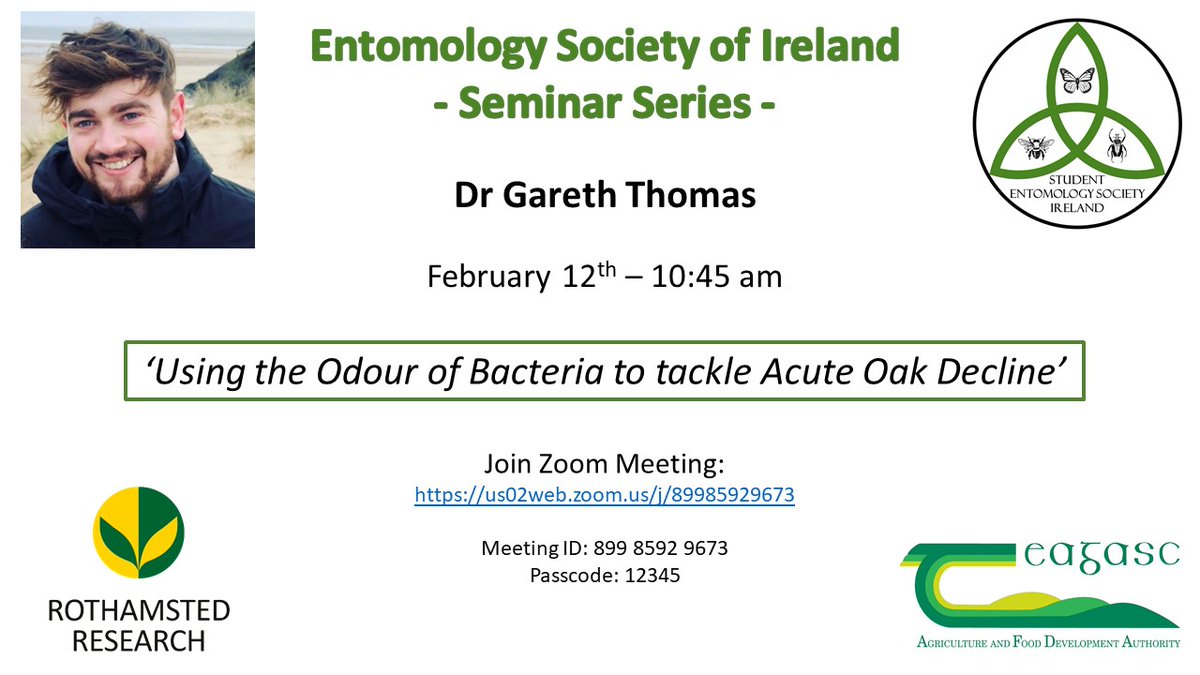 ! New Entomology Society seminar in coming !
Next Monday, 12/02/2024 we will be delighted to welcome Dr. Gareth Thomas from @Rothamsted for the presentation of his research on #AcuteOakDecline
#Insect are involved and if you want to know where, connect at 10:45 on the link below!