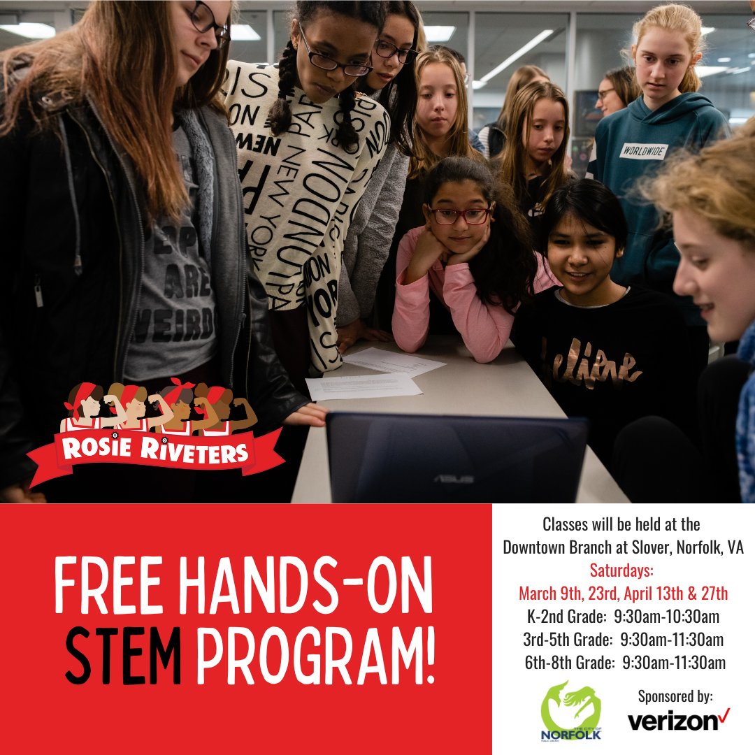 Registration is now open through 5 p.m. on Friday, Feb. 23.
Join Rosie Riveters for a free hands-on, project-based STEM program!
Participants explore everything from circuits &amp; physics to chemistry &amp; coding.
Go to norfolk.gov/RosieRiveters
#rosieriveters <a href="/NorfolkVA/">City of Norfolk, VA</a> @SloverLibrary