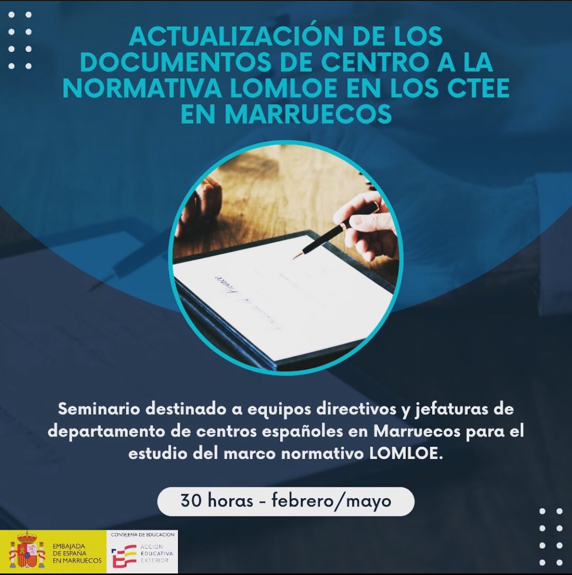 Próximamente tendré el placer de ser uno de los ponentes de esta formación organizada por la Consejería de Educación de la Embajada de España en Marruecos. Espero poder aportar mi granito de arena en cuanto al nuevo marco normativo y sus implicaciones en el aula <a href="/ConsejeriaEduc1/">Consejería Educación Marruecos</a>