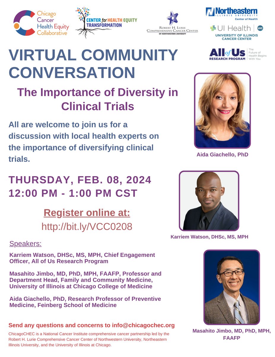 Join us this Thursday (2/8) at 12PM for a virtual community conversation on the importance of diversity in clinical trials! CHEC out the flyer below for more details &amp; RSVP at bit.ly/VCC0208
