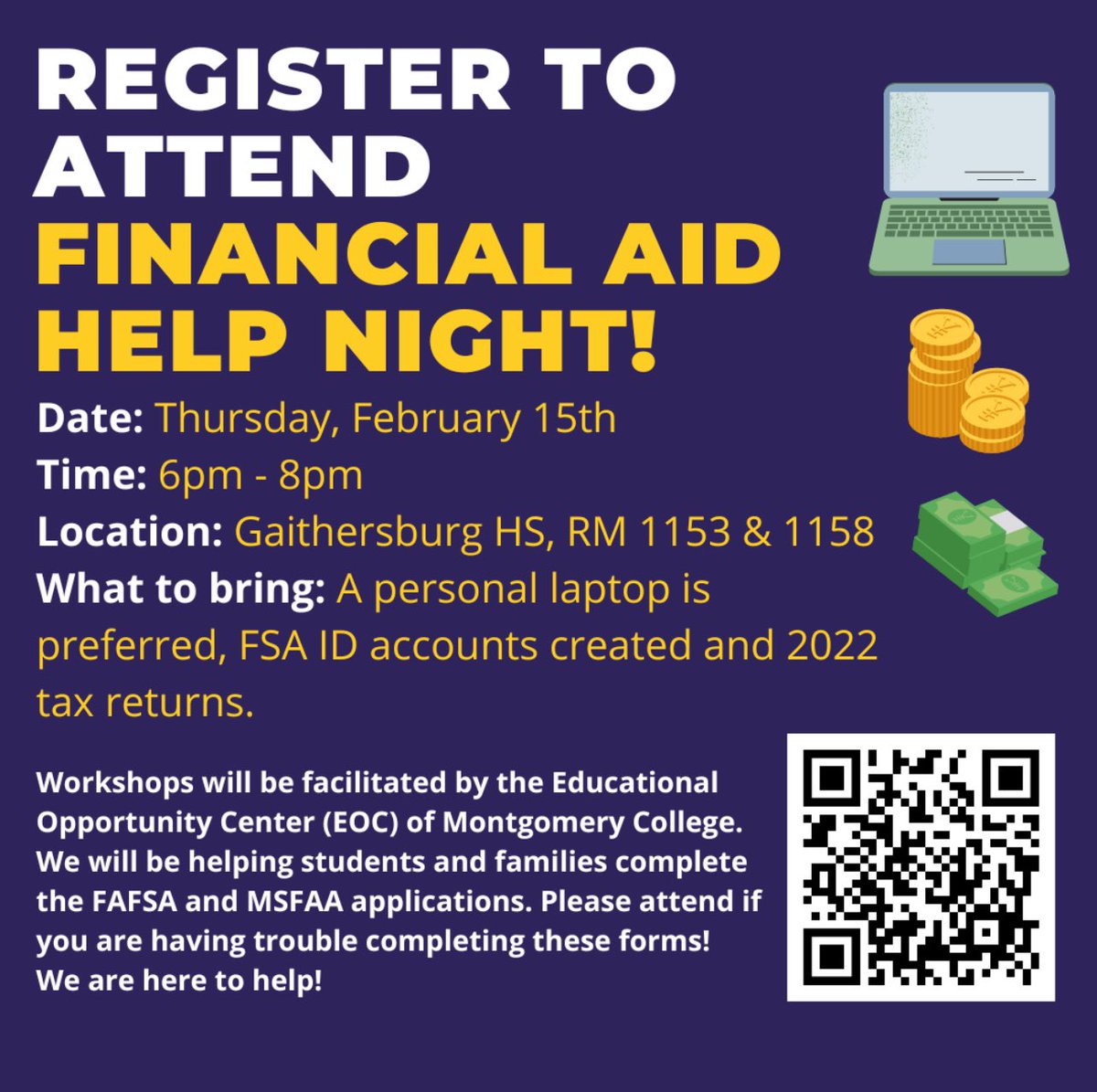 We have TWO opportunities for you to obtain assistance with completing your FAFSA application ‼️

Bring The Following Items: FSA ID login, tax return information from 2022, and a fully charged laptop

Please stop by the College and Career Center for assistance! 💫