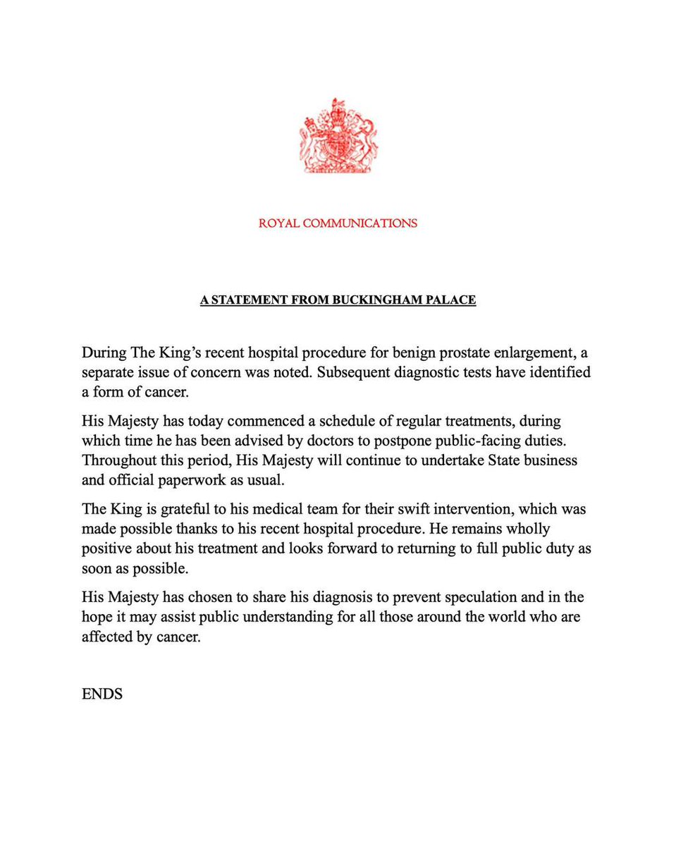 trash_italiano's tweet photo. 🔴 Re Carlo III ha il cancro: lo ha comunicato poco fa Buckingham Palace. Il Re ha già iniziato le terapie necessarie. Rimandati gli impegni pubblici. https://t.co/bR3Gw5IiBF