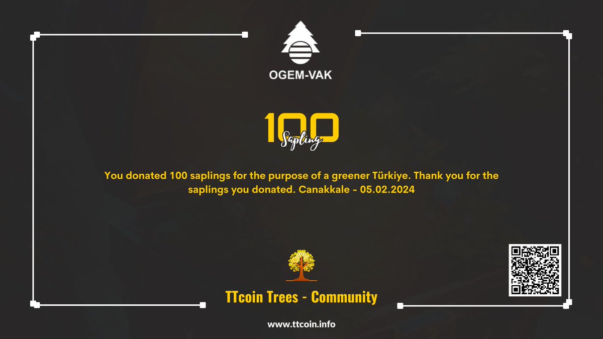 🌳TTcoin Trees - Tree Donation🌳

For now, we have donated 100 saplings to the <a href="/ogemvak/">OGEMVAK</a> foundation on behalf of the TTcoin Trees Community.

Of course, these amounts will exceed thousands every month, not hundreds. You can track it on the main screen within the application.

💬