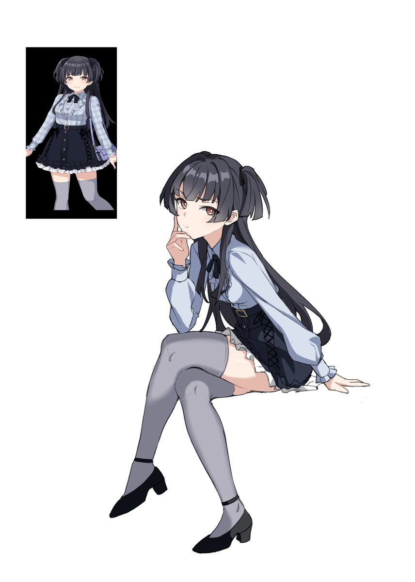 mayuzumi fuyuko 1girl thighhighs skirt black hair long hair crossed legs shirt  illustration images