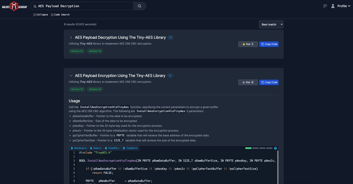 MalDevAcademy's tweet image. Maldev Academy Code Search:
We’re very happy to announce the creation of a new code search service that will ease the learning and maldev experience for users.
The site currently has over 7000+ lines, 300+ snippets in total with new snippets being added every month.
All…