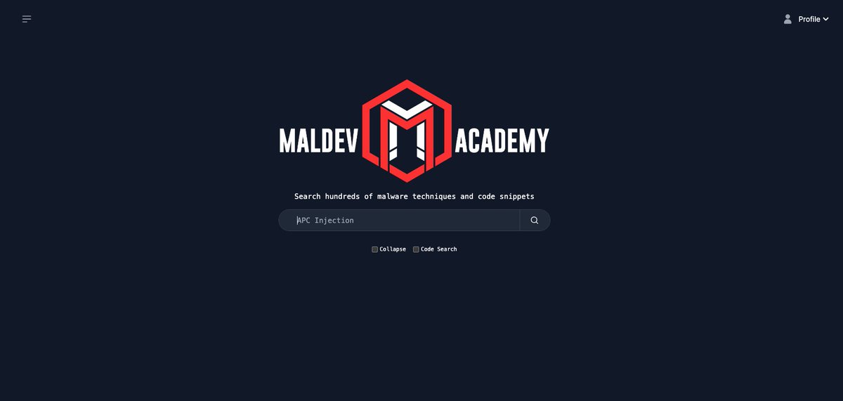 MalDevAcademy's tweet image. Maldev Academy Code Search:
We’re very happy to announce the creation of a new code search service that will ease the learning and maldev experience for users.
The site currently has over 7000+ lines, 300+ snippets in total with new snippets being added every month.
All…