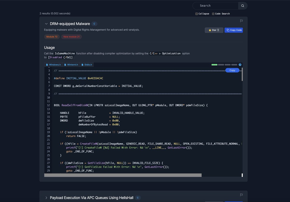 MalDevAcademy's tweet image. Maldev Academy Code Search:
We’re very happy to announce the creation of a new code search service that will ease the learning and maldev experience for users.
The site currently has over 7000+ lines, 300+ snippets in total with new snippets being added every month.
All…