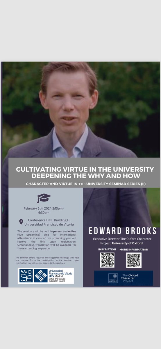 Looking forward to attending this workshop tomorrow February 6th with Prof. <a href="/edwbrooks/">Edward Brooks</a>, Executive director of <a href="/OxfordCharacter/">The Oxford Character Project</a>, which we have organized at the Virtue and Values Education Centre, held at the Francisco de Vitoria University. Info attendance below.