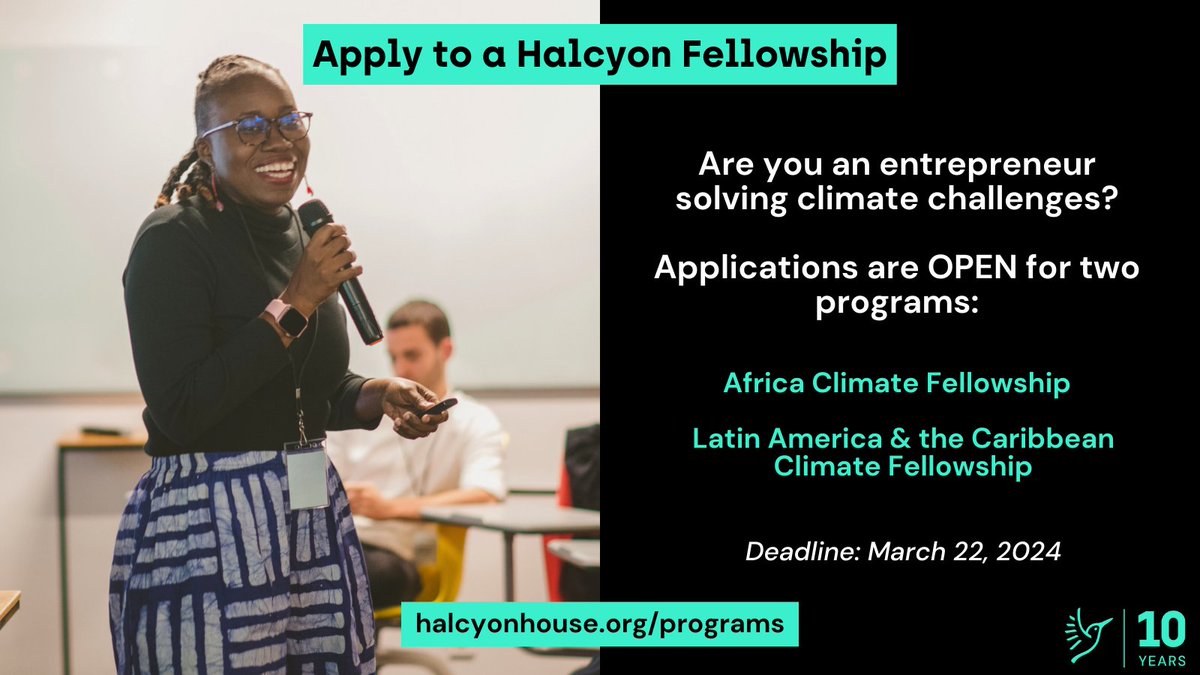 HalcyonInspires's tweet photo. Calling all climate entrepreneurs in Latin America &amp; the Caribbean and Sub-Saharan Africa! 

Applications are now OPEN for two Halcyon Fellowships. Learn more and apply at: https://t.co/BqD0oWzBjW 

Thank you to @awscloud for their support of these fellowships. https://t.co/Y0IaFb1i5T