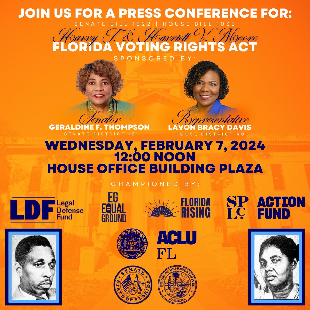 Congress must #RestoreTheVRA, but we can't wait for Congress to act. Florida needs its own state Voting Rights Act.

This Wednesday at the Capitol, Sen. Geraldine Thompson & Rep. Bracy Davis will join groups to unveil the Harry T. and Harriette V. Moore Florida Voting Rights Act!