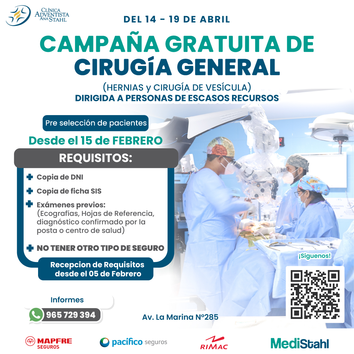 ¡Atención iquitos! 📢

La Clínica Adventista Ana Stahl estará realizando una campaña de CIRUGÍA GENERAL GRATUITA del 14 al 19 de Abril. ✌💙

✅Recepción de Requisitos : desde el Lunes 05 de Febrero
✅Pre Selección de pacientes : desde el Lunes 15 de Febrero