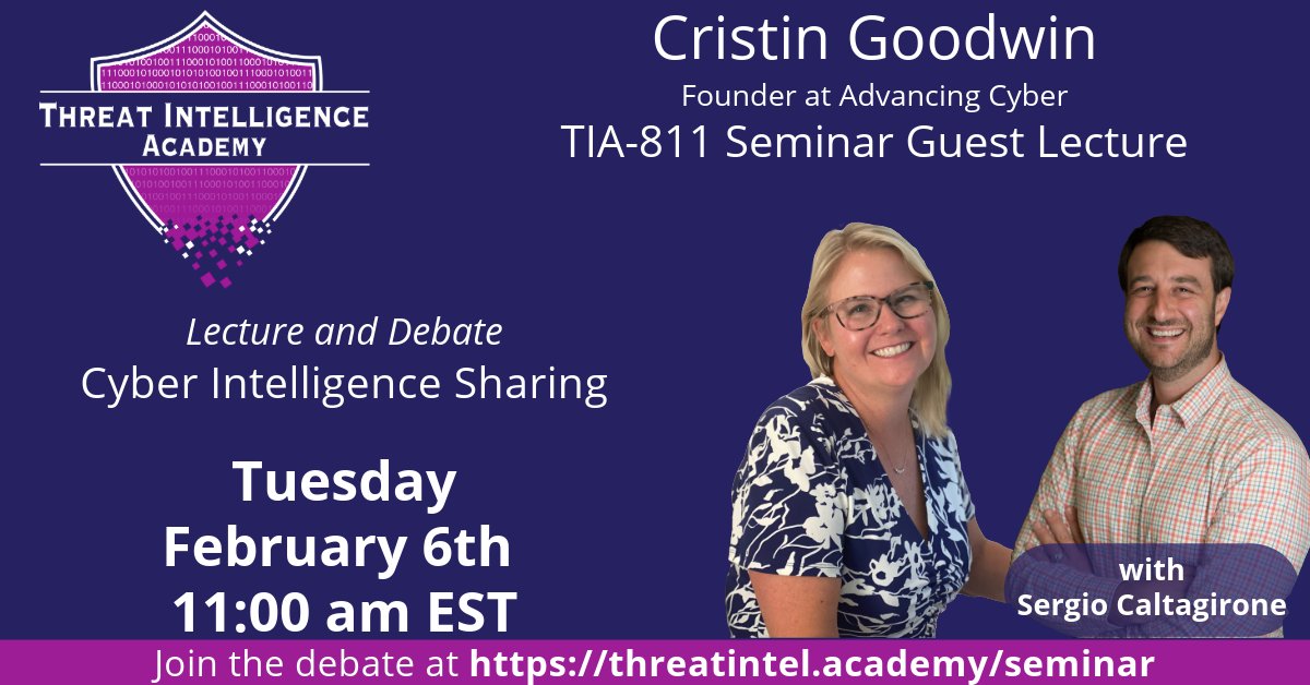 TOMORROW <a href="/CristinGoodwin/">Cristin Flynn Goodwin</a>, renowned cyber attorney, discusses sharing cyber threat intelligence. She challenges us to question: do we need to move away from demanding intelligence sharing? Join here: hubs.ly/Q02jPLN90 #law #cyber #cybersecurity #informationsecurity #infosec