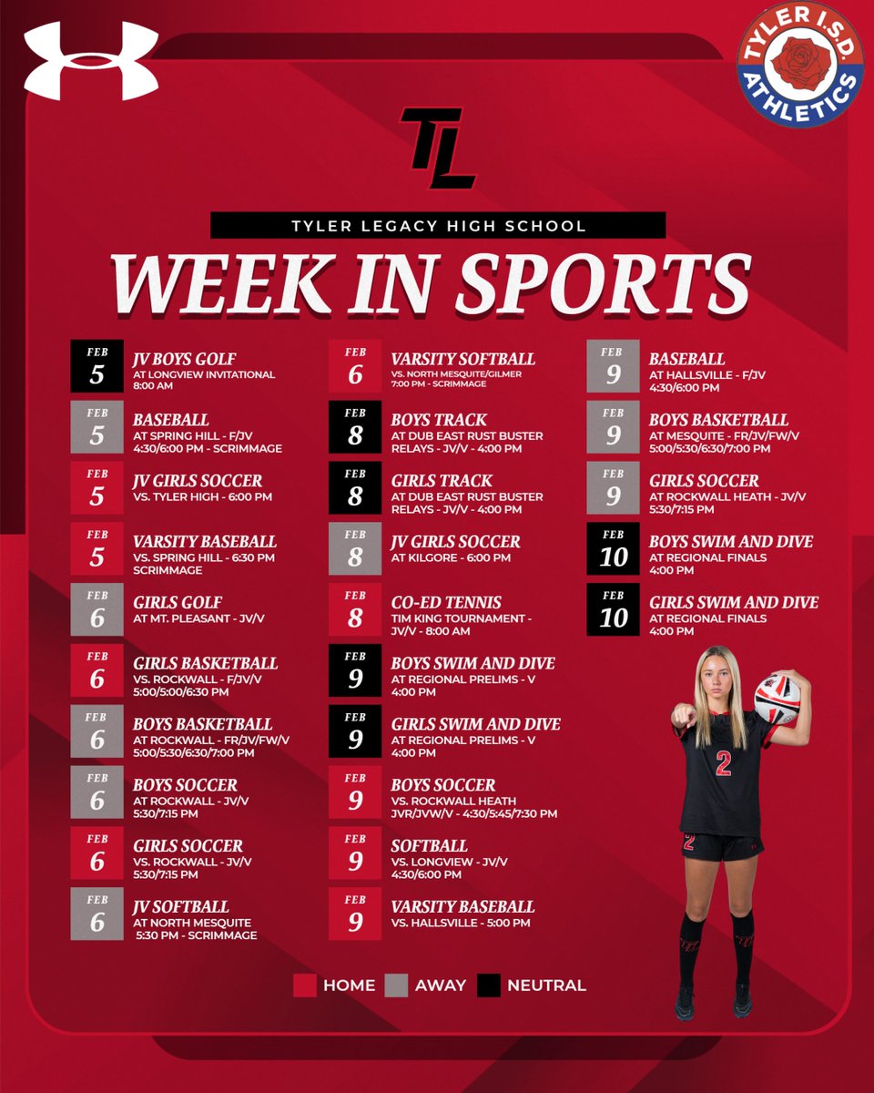 Here is your <a href="/TLRedRaiders/">Tyler Legacy High School</a> Athletic Calendar for the week!
