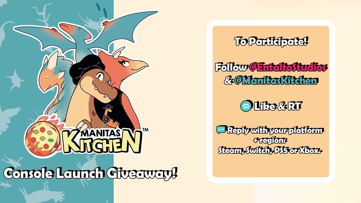 We are giving away three #ManitasKitchen keys on the platform of your choice! ✨ 

So... 😏

❤️ Follow <a href="/EntaltoStudios/">Entalto Publishing</a> &amp; <a href="/ManitasKitchen/">ManitasKitchen - OUT NOW</a>
🔁 Like &amp; RT
💬 Reply with your platform + region: Steam, Switch, PS5 or Xbox. 

The lucky draw will take place on the 12th, at 15:00 CEST! 🏁