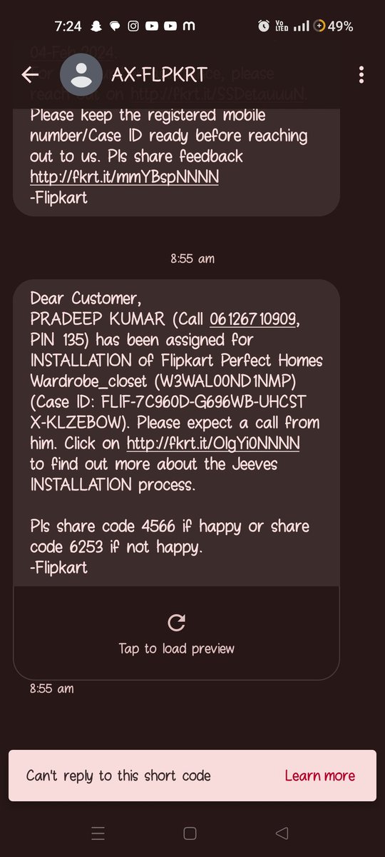 Sumit6239's tweet photo. I attach a screenshot this everday i received a same message that this person was come but everyday they do same thing (i explaon in upper message) and today 7:25 pm  they again call me and disconnect .. Now i m fully frustrated do something with your nonsence installation team https://t.co/mqxGh3XigB