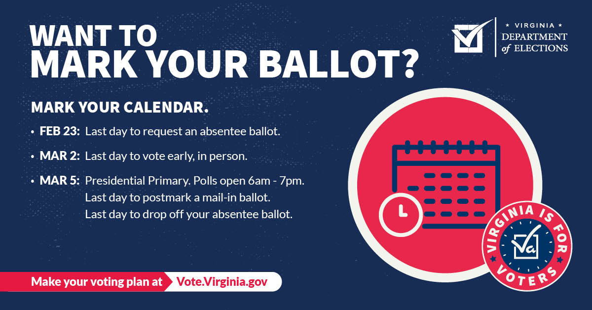 vaELECT's tweet photo. You have 3 ways to vote in the 2024 Presidential Primary: by mail, early in-person, or in-person on March 5th. What's your voting plan? Visit https://t.co/ChkBeJD1mt to learn more. #VaElections2024 #VaisForVoters https://t.co/bjttaZt4Hq