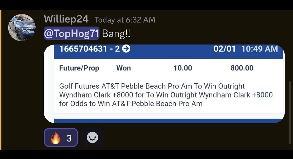 Getting our members paid! The wind and the rain won’t ruin this party. A nice win by one of the @4DeepBets_  members who tailed my golf picks this week. We’re going to do it again next week at the Waste Management. Get in before you miss out!