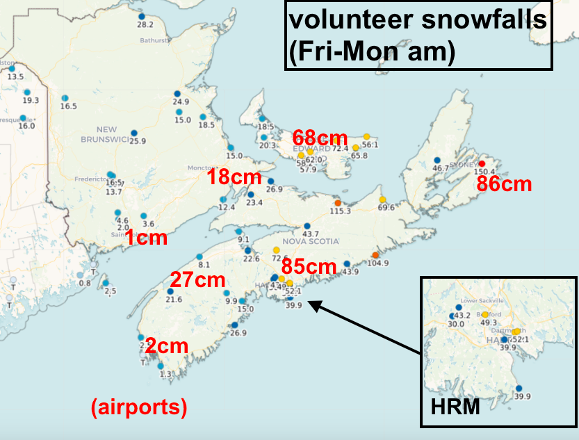 Weekend snow totals: a few comments. 
1. The 150cm <a href="/CoCoRaHSCanada/">CoCoRaHS Canada</a>  observation in CBRM is closer to citizen's reports (than the 86cm at YQY).
2. HRM (30cm west, 50+cm east) seems more representative than the 85cm at YHZ.
3. Pictou L observer had drifting on snowboard.
4. Thanks