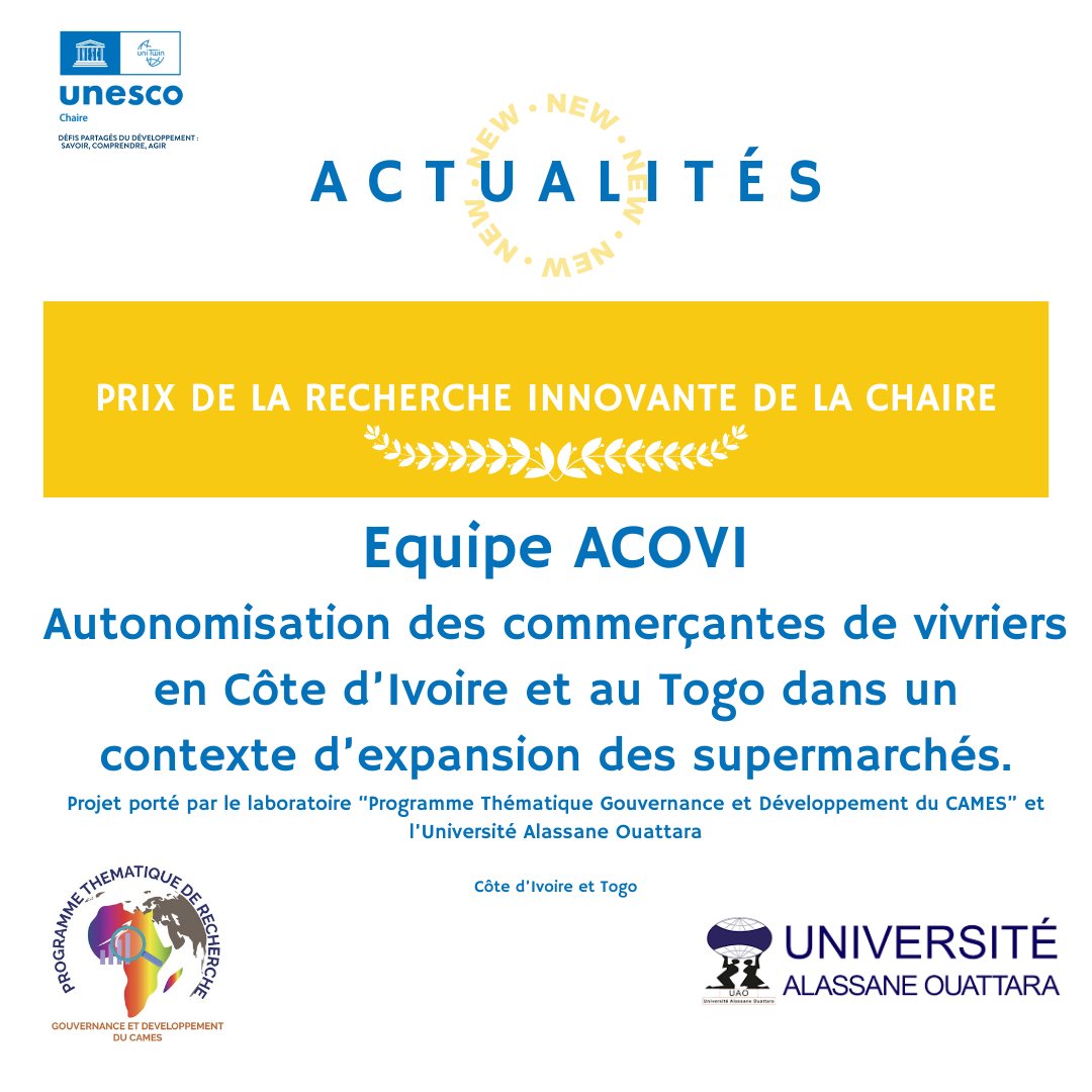 ChaireUnescoDev's tweet photo. Le Conseil scientifique de la Chaire UNESCO Défis partagés du développement : savoir, comprendre, agir a  attribué le Prix de la Recherche Innovante dans le cadre de sa seconde édition. Félicitations aux lauréats ! https://t.co/M0vED1MfRD