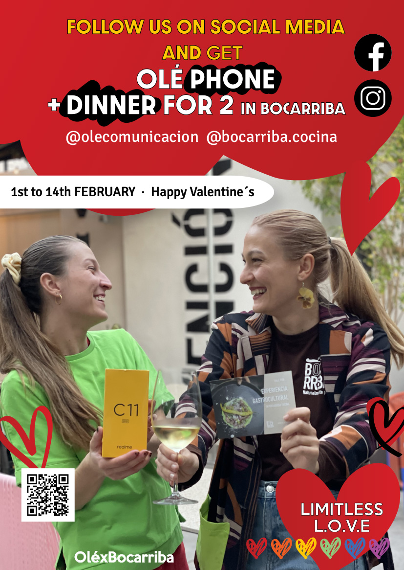 SORTEO OléxBocarriba ❤️🧡💛💚💙💜 Edición Amor sin Barreras
Bocarriba Cocina y Olé Comunicación nos unimos para celebrar el derecho de amar y ser amado de forma libre.
SORTEO:
⭐️Móvil Realme C11 color azul de Olé Comunicación
⭐️Cena para 2 personas valorada en 100€ en Bocarriba