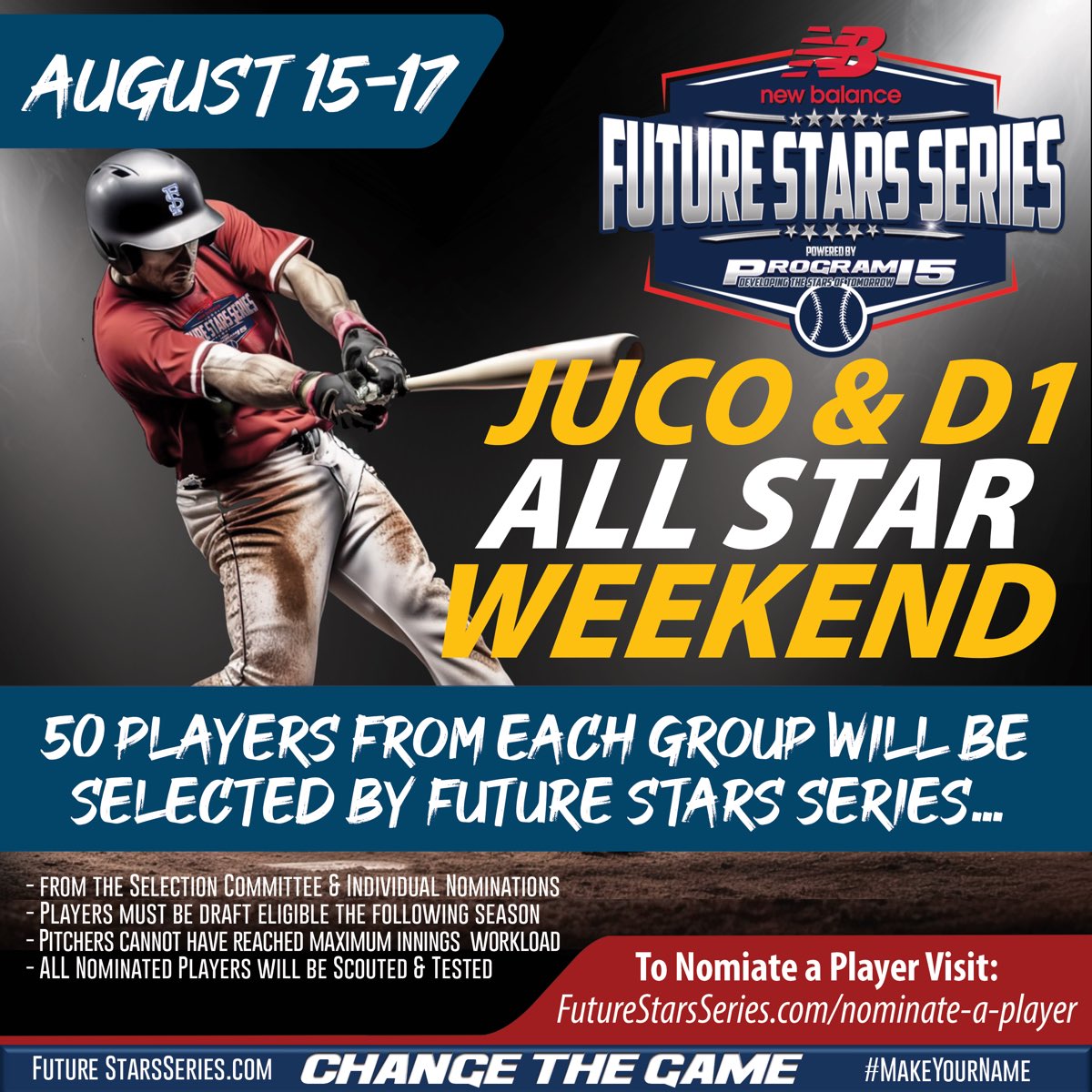 Today, we take another step forward. On the heels of the Main Event Showdown, the @NB_Baseball @ftrstarsseries brings you Juco and Division 1 Baseball All Star Weekend. Players are chosen from across the country, with college coaches from each level forming selection committees.