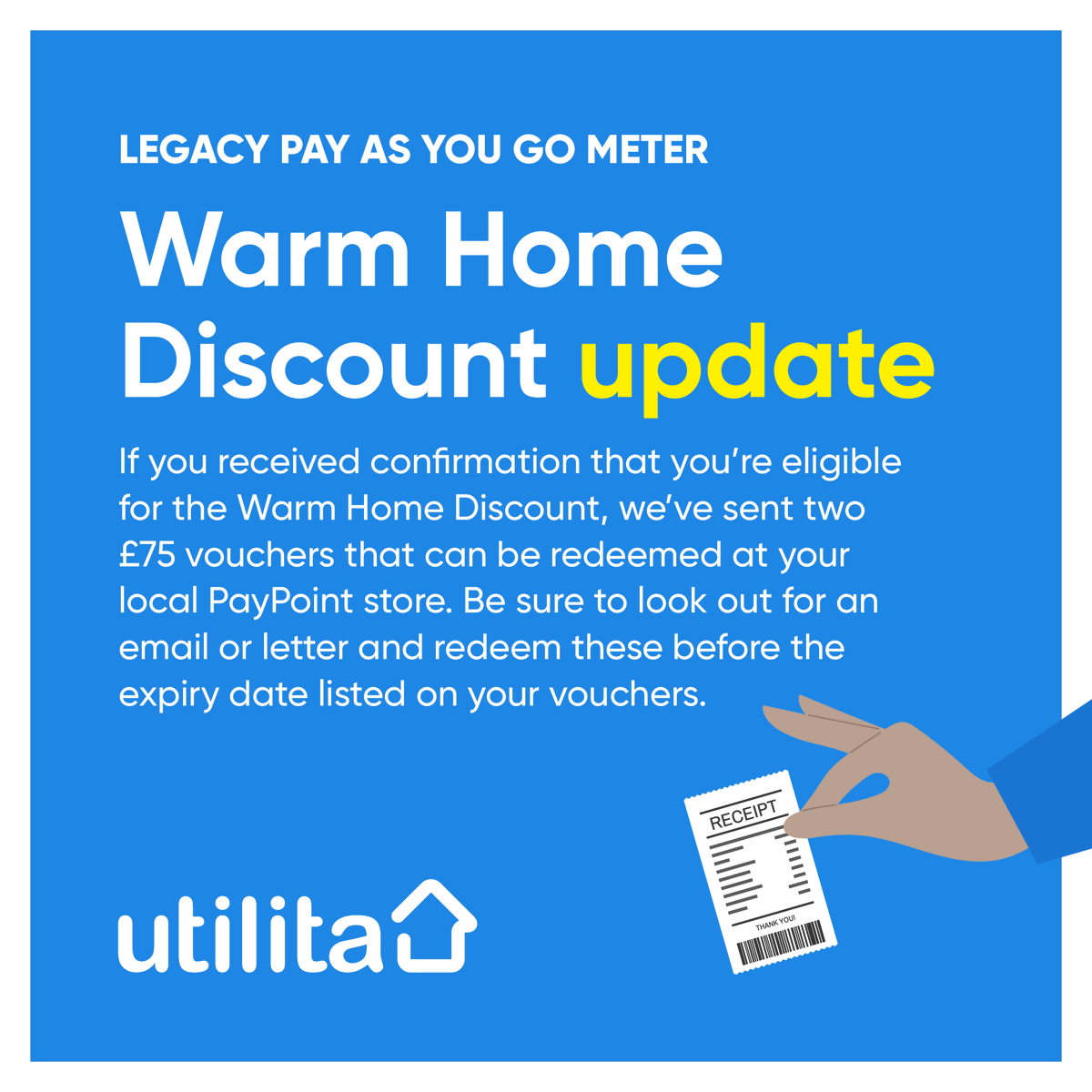 UtilitaEnergy's tweet image. Do you have a Legacy #PayAsYouGo meter &amp;amp; are eligible for the #WarmHomeDiscount?

We’ve sent two £75 vouchers that can be redeemed at your local PayPoint store – look out for an email or letter &amp;amp; be sure to redeem these by the expiry date listed on the voucher.

Find out more ➡️