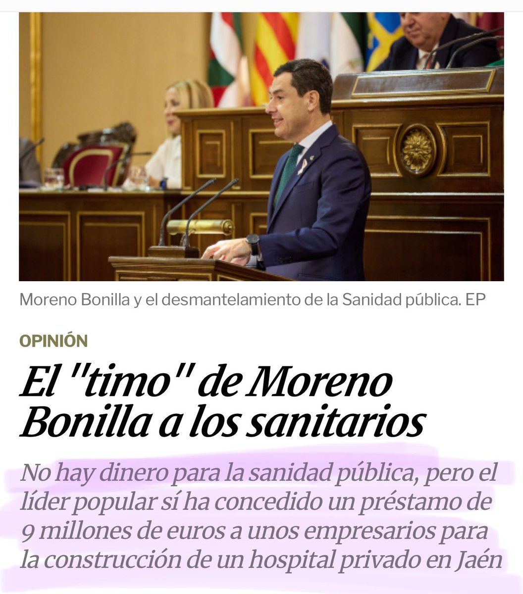 protestona1's tweet photo. Mientras la sanidad pública andaluza agoniza por falta de inversión, Juanma Moreno concede un préstamo de 9 millones de euros a unos empresarios para la construcción de un hospital PRIVADO…

De eso se trata, de cargarse la sanidad pública para favorecer a la privada. 🤷🏻‍♀️ https://t.co/ccQsuj7Iiv