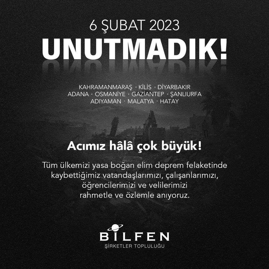 bilfengroup's tweet photo. Tüm ülkemizi yasa boğan elim deprem felaketinde kaybettiğimiz vatandaşlarımızı, çalışanlarımızı, öğrencilerimizi ve velilerimizi rahmetle ve özlemle anıyoruz.

#6Şubat #Anıyoruz https://t.co/r5ZBkD2zBB