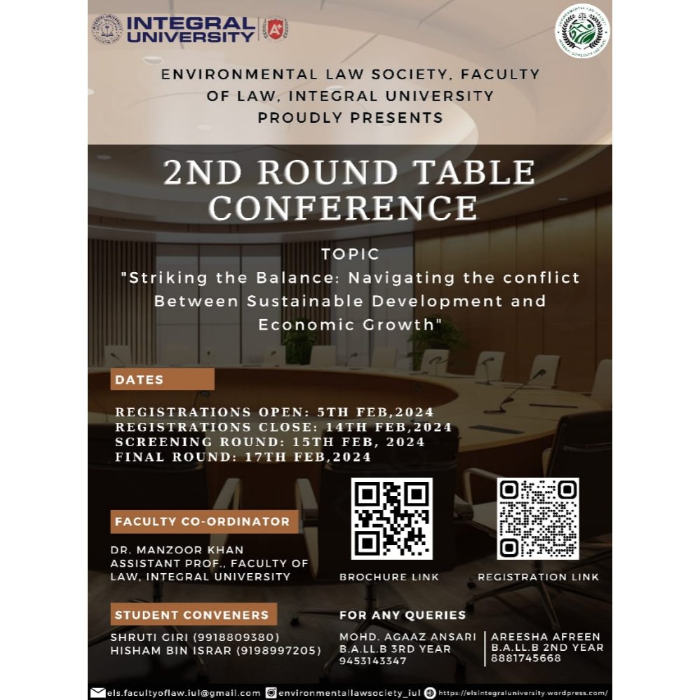 LawFacIntegral's tweet photo. Dear All,
Greetings from the Environmental Law Society, Faculty of Law, Integral University, Lucknow.
It gives us immense pleasure to announce that the Environmental Law Society, Faculty of Law, Integral University, Lucknow is organizing a Round Table Conference. https://t.co/RiCFrNSGrz