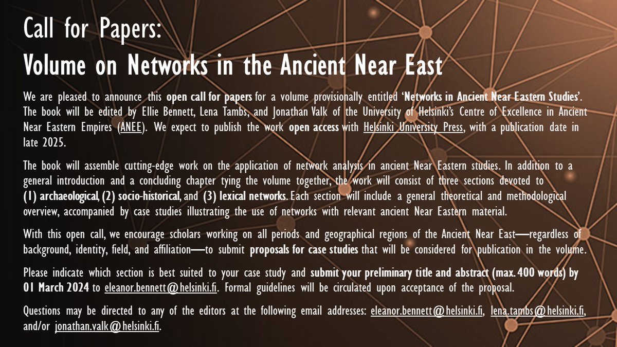 Do you use networks or network analysis in research about the ancient Near East? Consider contributing to this exciting open access edited volume 👇 #CfP #SNA #Assyriology #DigitalHumanities #Egyptology #BiblicalStudies #LexicalNetworks