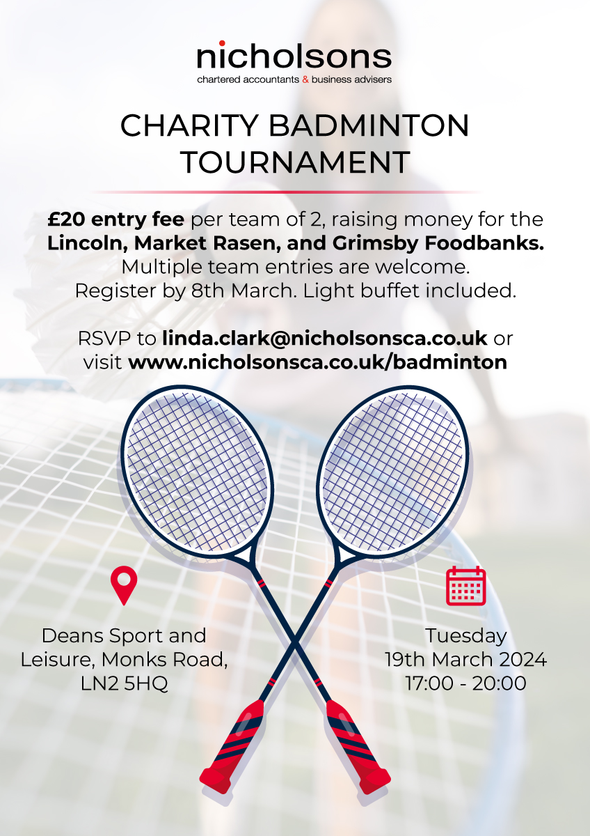 Join us at our badminton 🏸 tournament and raise money for the Lincoln, Market Rasen and Grimsby Food Banks.

Last year <a href="/BrookandMayo/">Brook and Mayo</a> won a tense final, could it be you this year?

Teams of 2, get your team booked today ⬇️ nicholsonscharteredaccountants.co.uk/badminton/