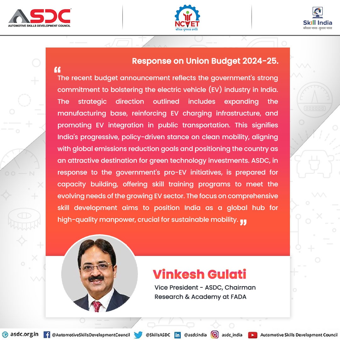SkillsASDC's tweet photo. Mr. Vinkesh Gulati, Vice President at ASDC shared his views on the Union Budget 2024 - 25.
Read more at - https://t.co/AWr0TWX56G
#expo #bharatmobility #pragatimaidan #jobopportunity #Skills #Upskilling #Reskilling #India #Experts #Trainers #particpate https://t.co/eGS8KVljRV