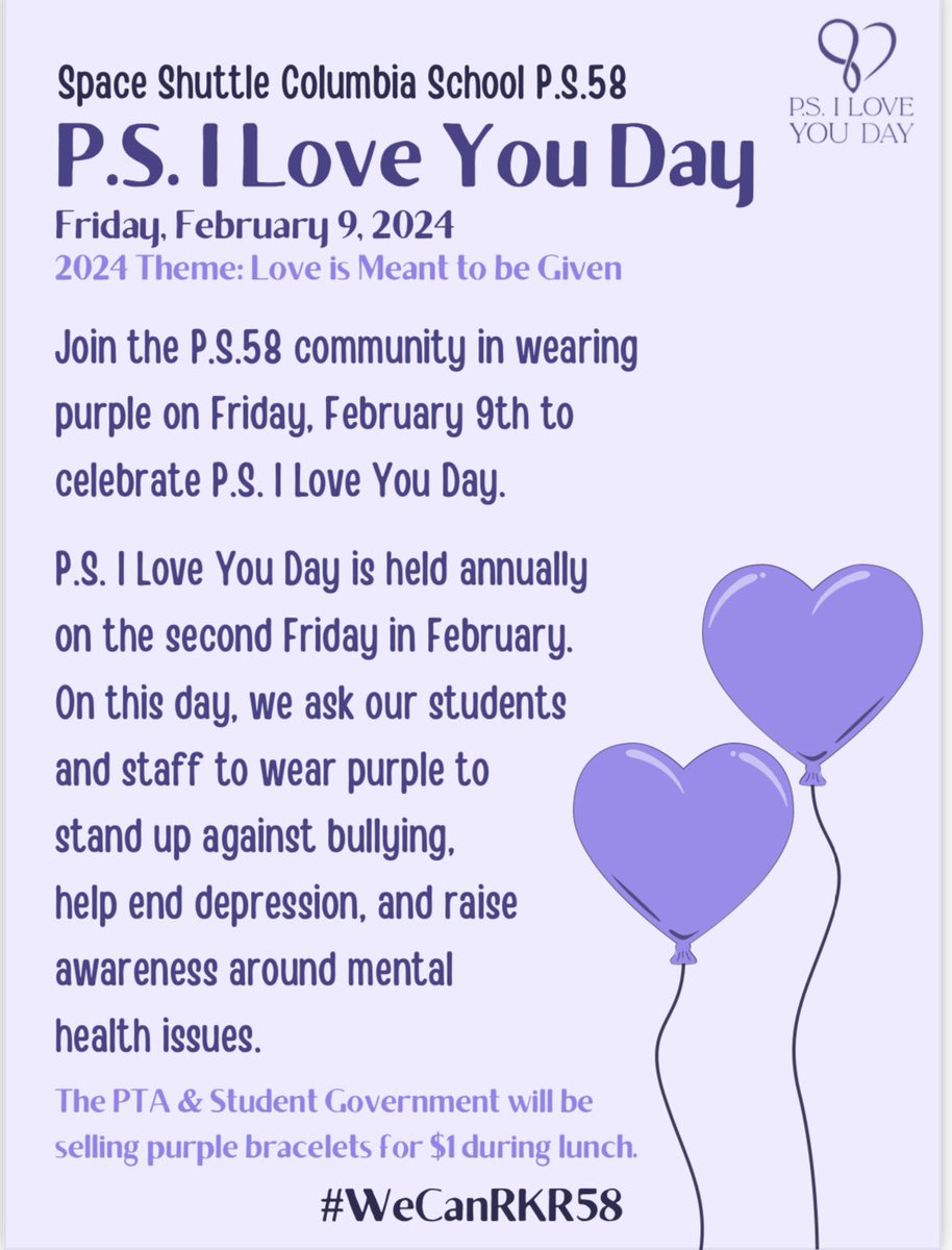 Our @PS58RSSColumbia community will celebrate P.S. I Love You Day on Friday, February 9th to raise awareness for mental health 💟💜💟 #ItsGreatAt58 #WeCanRKR58 @GregoryRocco58 @LAOConnor6 @MrLuisiSSC58 @CSD31SI @DrMarionWilson @D31DSPalton