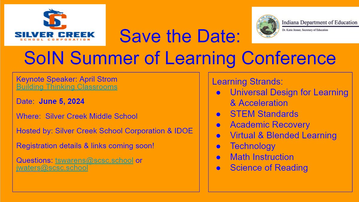 SoINLearning's tweet image. Fellow Educators,

Silver Creek School Corp, in Southern Indiana, is hosting a summer of learning conference in conjunction with the IDOE. We&apos;re so excited to share this opportunity with our fellow educators!  More info will be coming soon.  #SoINsummeroflearning