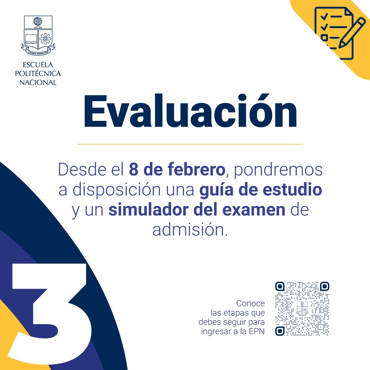 EPNEcuador's tweet photo. 📝¿Quieres resolver tus dudas sobre el examen de admisión?

➡️A partir del 8 de febrero, desde el correo electrónico, los postulantes tendrán acceso a:
   ✅Guía de estudio
   ✅Simulador del examen

📌Infórmate, únicamente, en canales oficiales

#LaPoliContigo🦉
#PrimeroLaGente https://t.co/aLQ52Lb929