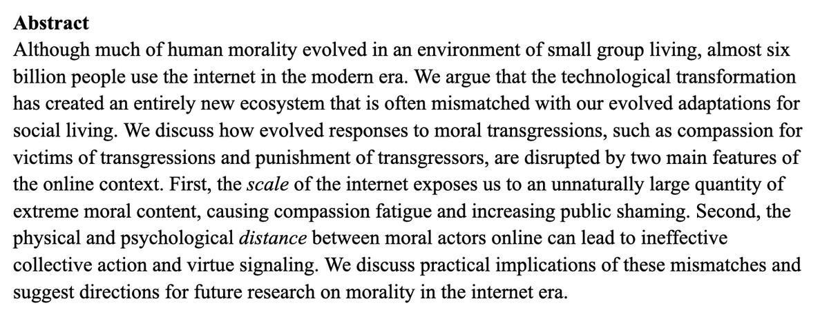 🚨 New Preprint! 🚨 In our new paper, we argue that evolved responses to moral transgressions, such as punishment of transgressors and compassion for victims, are perverted by the online world's massive scale. @jayvanbavel @azimshariff