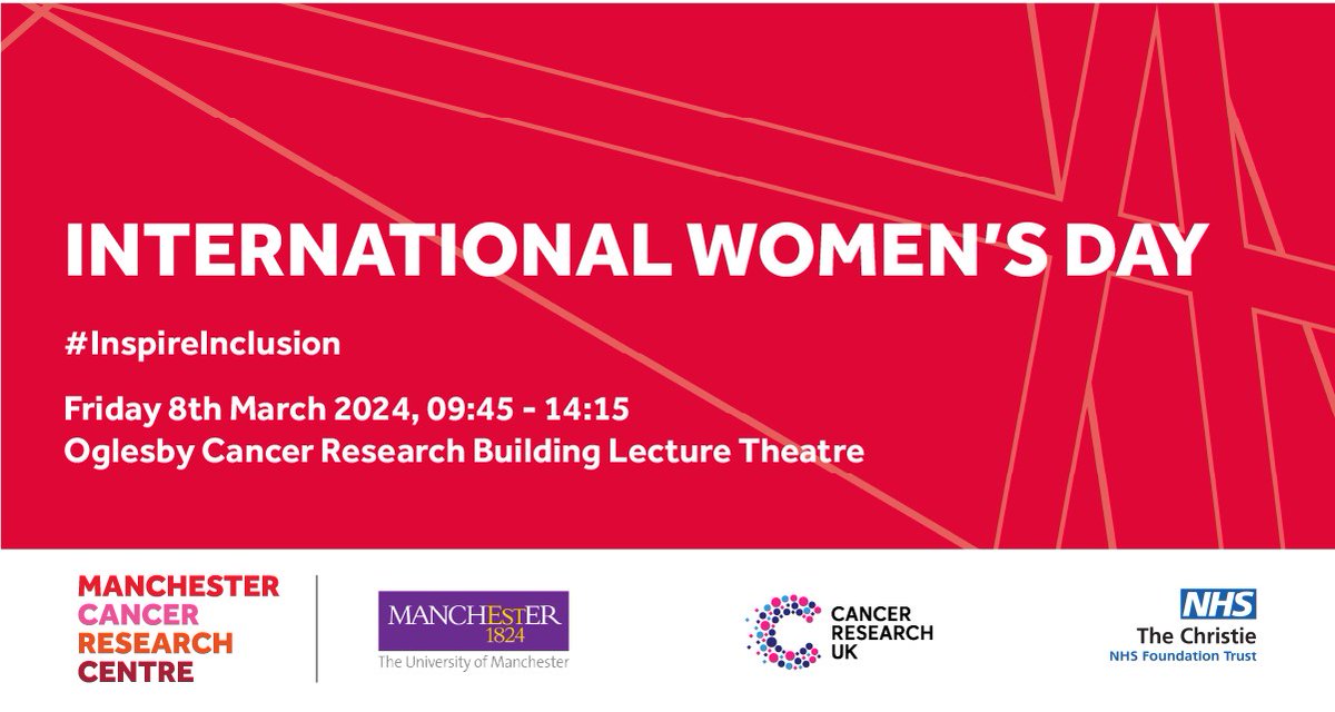 Manchester Cancer Research Centre (@mcrcnews) on Twitter photo 👥Join us for our 2024 International Women's Day event👥
Confirmed speakers include:
- Professor <a href="/rachelcowen/">Rachel Cowen</a>
- Professor Irene Roberts
📅 Friday 8th March
⏰ 09:45 - 14:15
📍OCRB Lecture Theatre
✍️Sign up👉eventbrite.com/e/internationa… 👥Join us for our 2024 International Women's Day event👥
Confirmed speakers include:
- Professor <a href="/rachelcowen/">Rachel Cowen</a>
- Professor Irene Roberts
📅 Friday 8th March
⏰ 09:45 - 14:15
📍OCRB Lecture Theatre
✍️Sign up👉eventbrite.com/e/internationa…