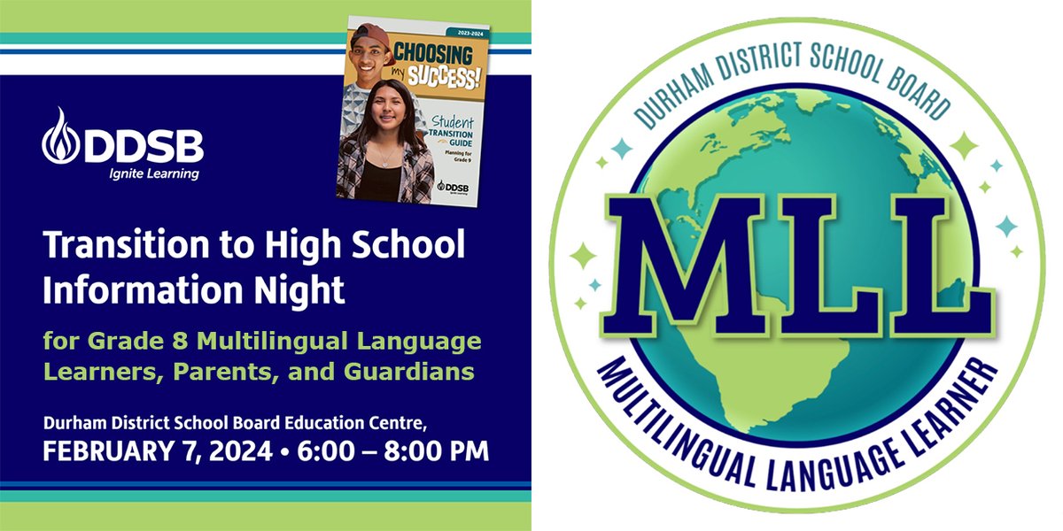 Reminder for Grade 8 Multilingual Language Learners &amp; families 👋

Attend the Transition to High School Information Night on Wednesday, February 7 at 6 p.m.

Learn about MLL supports in secondary schools and connect with DDSB staff.

Register: bit.ly/3UauX7j