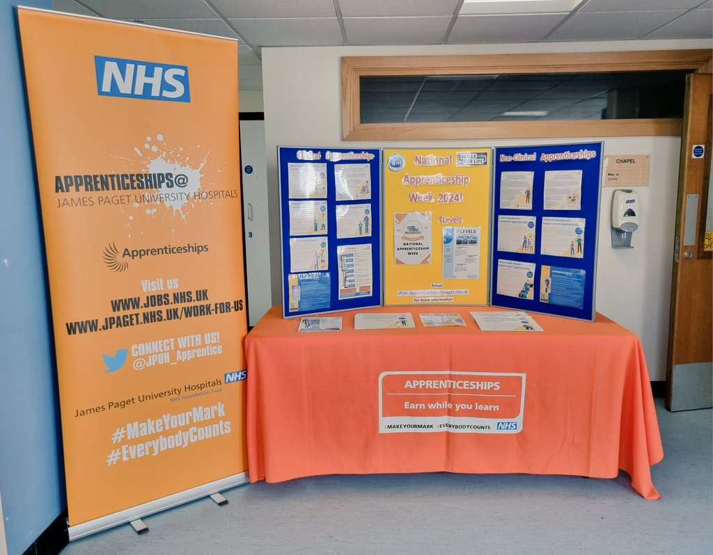 We have an information stand outside the @JamesPagetNHS chapel for the week, so please feel free to take a look to find out more about apprenticeships! Any questions, please email us at JPUH-apprenticeships@jpaget.nhs.uk