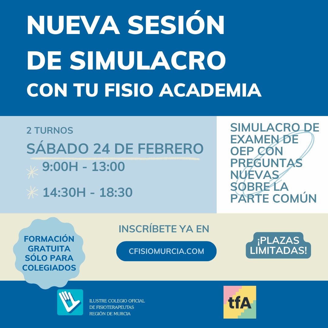 👩🏻🏫 NUEVO SIMULACRO DE EXAMEN DE OEP

📣 El CoFiRM organiza una nueva sesión de simulacro de examen para oposiciones de empleo público para el sábado 24 de febrero.
🆕 Como novedad, en este simulacro se incluirán preguntas nuevas sobre la parte común.
📎 cfisiomurcia.com/nuevo-simulacr…