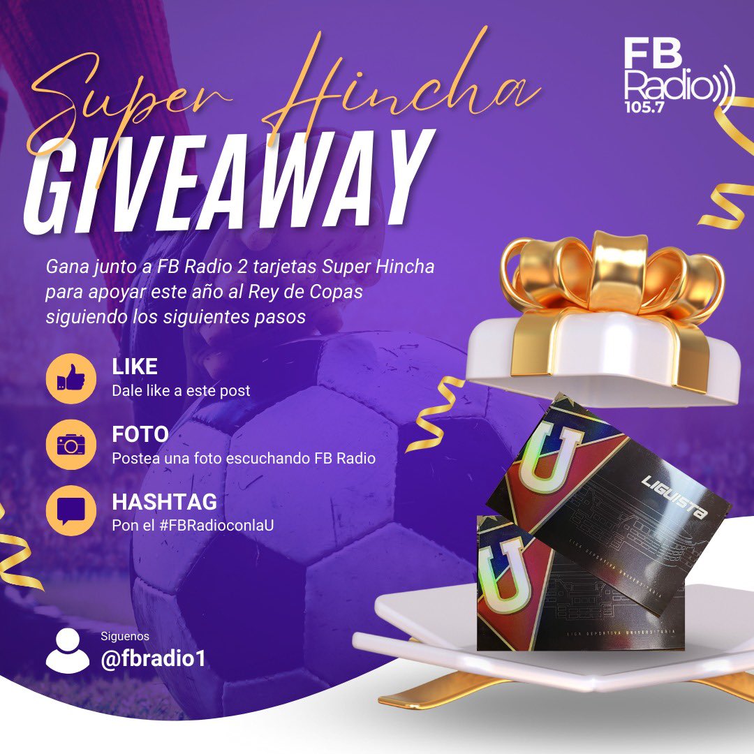 ¡FB RADIO SIEMPRE CON LA U! ⚽️

Comenzamos esta temporada 2024 con un regalo espectacular. FB RADIO te entrega dos tarjetas abonado <a href="/LiguistaOficial/">Liguista Oficial</a> para que acompañes a la U todo el año.

Postea tu foto escuchando 105.7 junto a #FBRadioConLaU, dale RT a esta publicación y