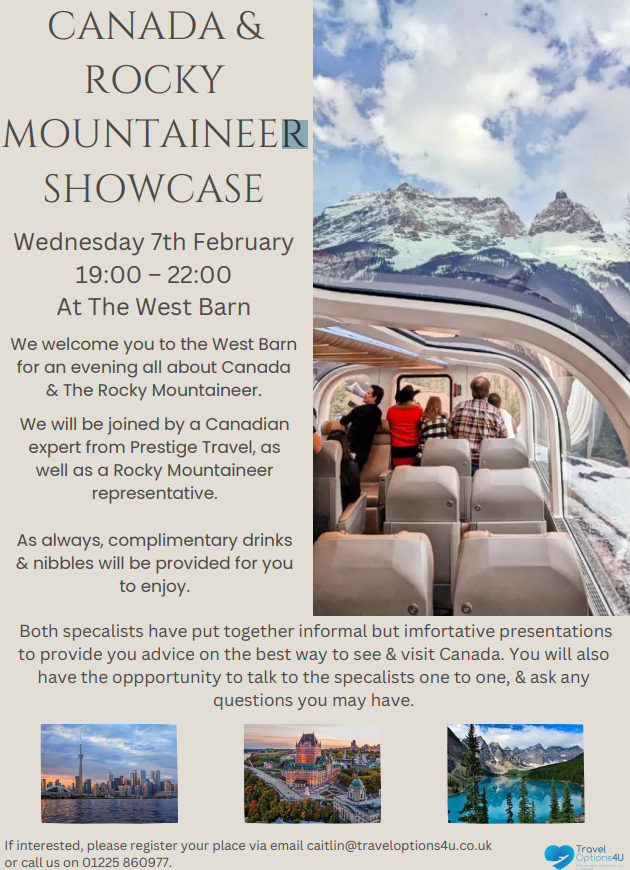 TravelOptions4U's tweet photo. 🇨🇦 Come join us for our Canada &amp; Rocky Mountaineer Evening, on Wednesday (7th Feb)! 

Hosted in the WestBarn, BOA. We will be joined by Joe from Prestige Travel (@hq_prestige) &amp; a Rocky Mountaineer representative.

Wine &amp; nibbles availble. 🍷

Full details below &amp; on our website. https://t.co/rXsT1lSm2y