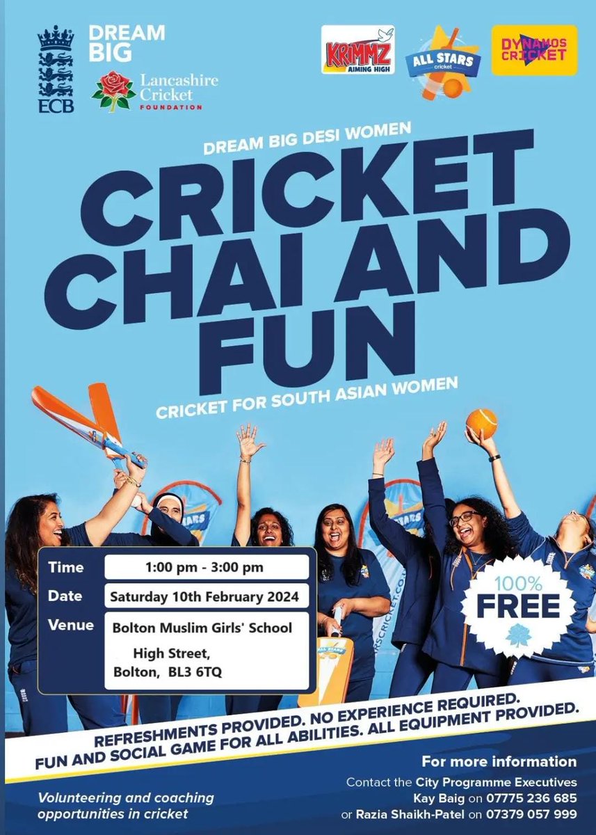 🏏CRICKET Chai & Fun Women only! Opportunity to get your foot in the door to play, volunteer and coach cricket! Saturday 10th February 1pm-3pm Bolton Muslim Girls School Swan Lane Bolton BL3 6TQ ☕ Register to attend