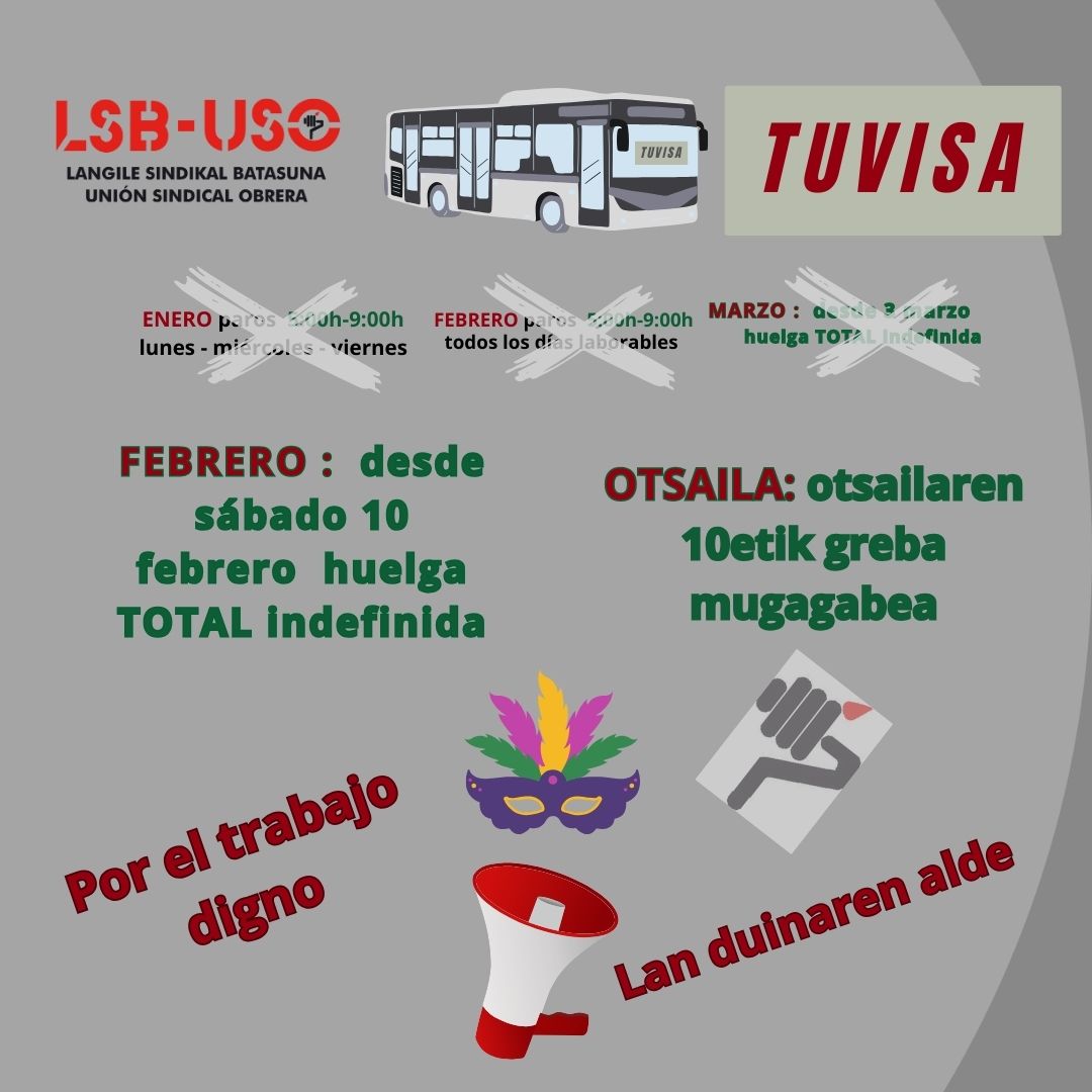 LSB_USOEuskadi's tweet photo. 🗣️Última semana previa a la #huelgaIndefinida en TUVISA🚃 : #transporte urbano #VitoriaGasteiz.
🗣️Nos movilizamos para exigir una reunión con contenido que solucione el conflicto.
🤨Previo al #10febrero #carnaval y #huelga
#sindicatoLSB-#USOEnLucha ✊
⤵️
https://t.co/5P341KTGRV https://t.co/IhOU3kMElf