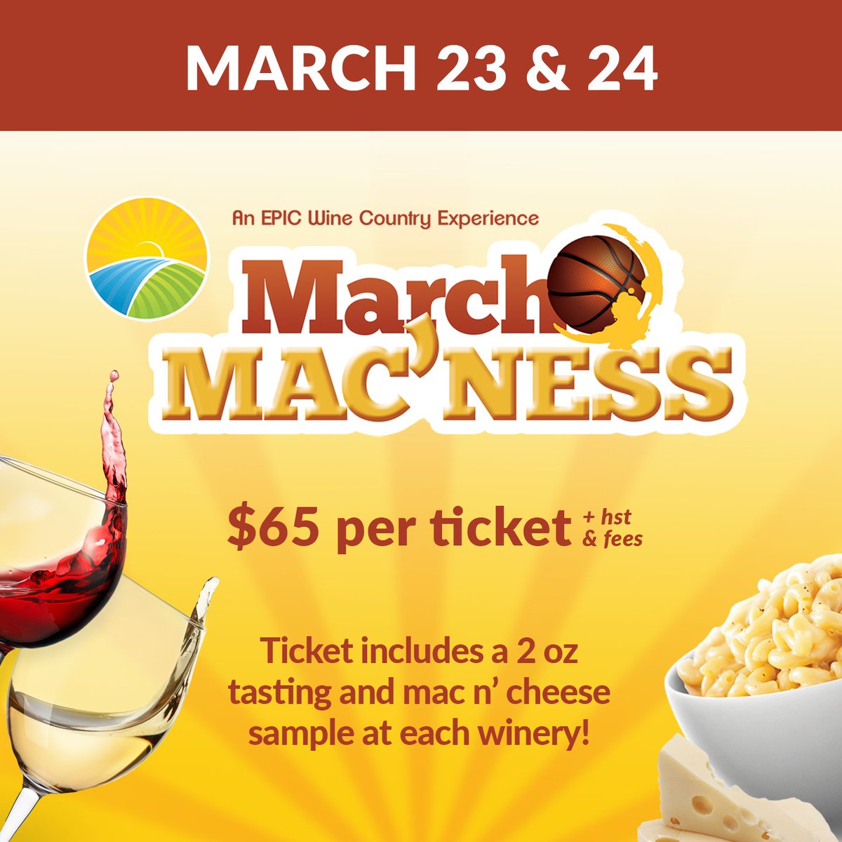 🧀 March Mac'ness 2024 tickets are on sale now! 🍝

Tickets: epicwineries.com/event/march-ma…

Your tasting pass is valid for one day and entitles you to 1 mac &amp; cheese and wine pairing at each of the 13 participating wineries.