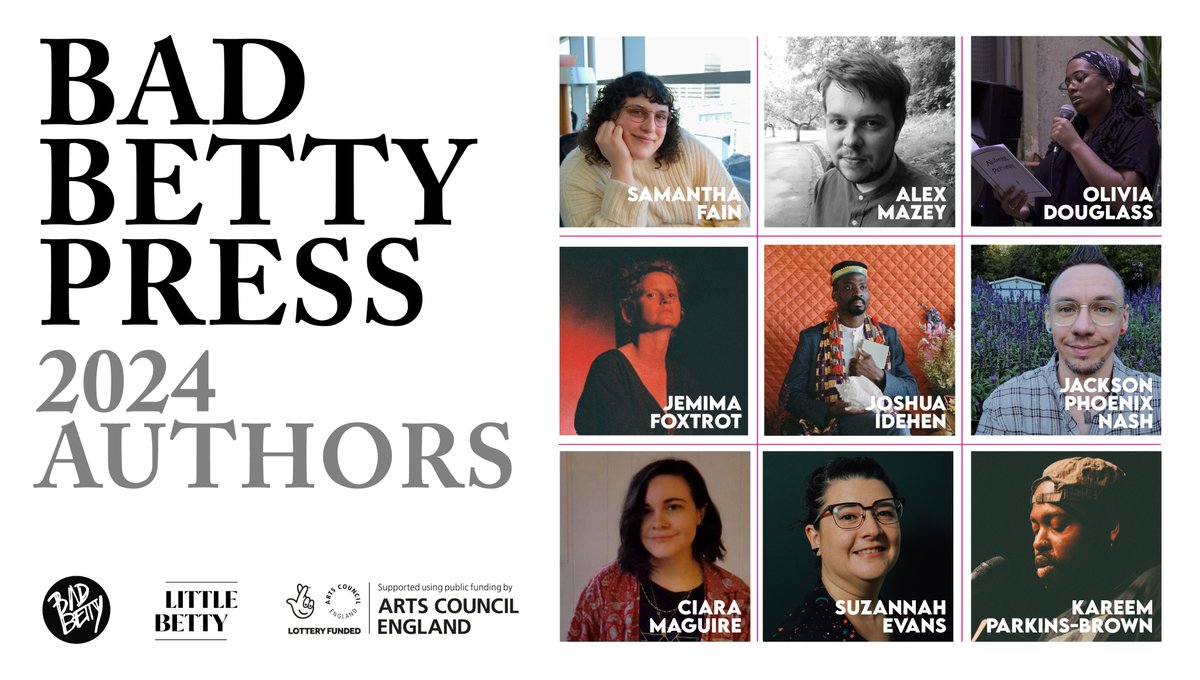 Endlessly grateful to have been awarded <a href="/ace_national/">Arts Council England</a> funding for our 2024 artistic programme.

We'll be bringing you books &amp; pamphlets from these incredible poets + spring/autumn live tours, free workshops, and Bad Betty Live Nottingham events at lush new venue <a href="/peggysskylight/">Peggy's Skylight Jazz Club</a>