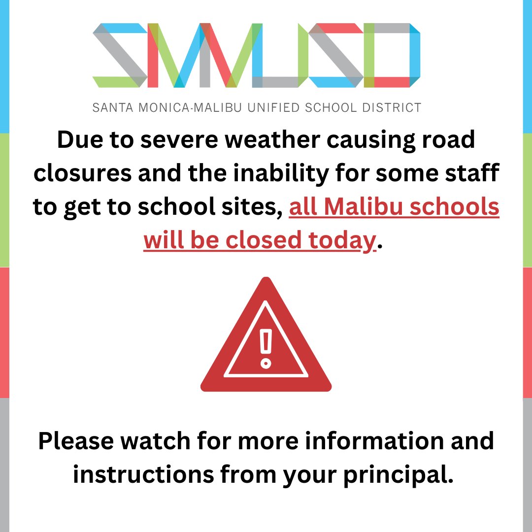 SMMUSD - OFFICIAL (@smmusd) on Twitter photo #SMMUSD Alert: Due to severe weather causing road closures and the inability for some staff to get to school sites, all #Malibu schools will be closed today. Please watch for more information and instructions from your principal. #SantaMonica schools are open. <a href="/Dr_AShelton/">Dr. Antonio Shelton</a> #SMMUSD Alert: Due to severe weather causing road closures and the inability for some staff to get to school sites, all #Malibu schools will be closed today. Please watch for more information and instructions from your principal. #SantaMonica schools are open. <a href="/Dr_AShelton/">Dr. Antonio Shelton</a>